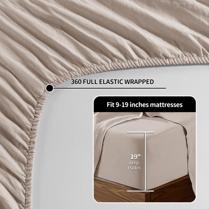 LBRO2M 100% Linen Sheet Set 19"" Deep Pocket Full Size,Bed Sheets 4 Piece Sets,Solid Color Natural Flax Bed Sheets Soft Breathable Bedding, All Season (Full, Linen) - Image 2